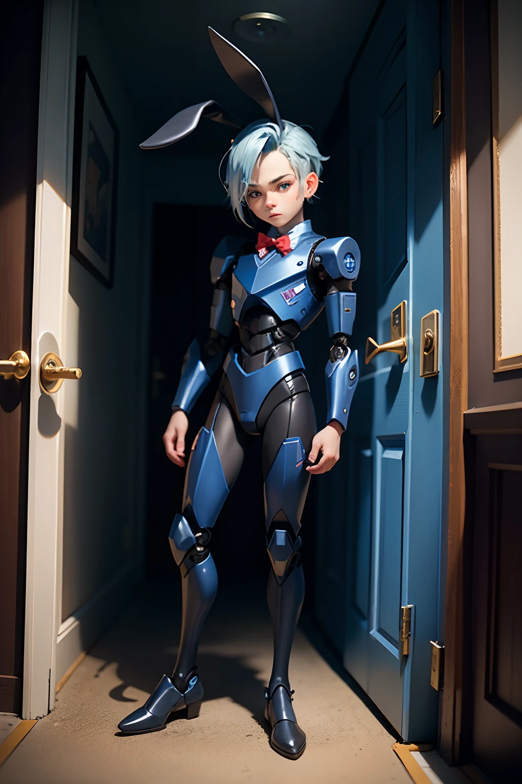 loli bunny boy, 2bunny ears, half robot, blue hair color, dark room with door, formal rhalf obotic suit, poser