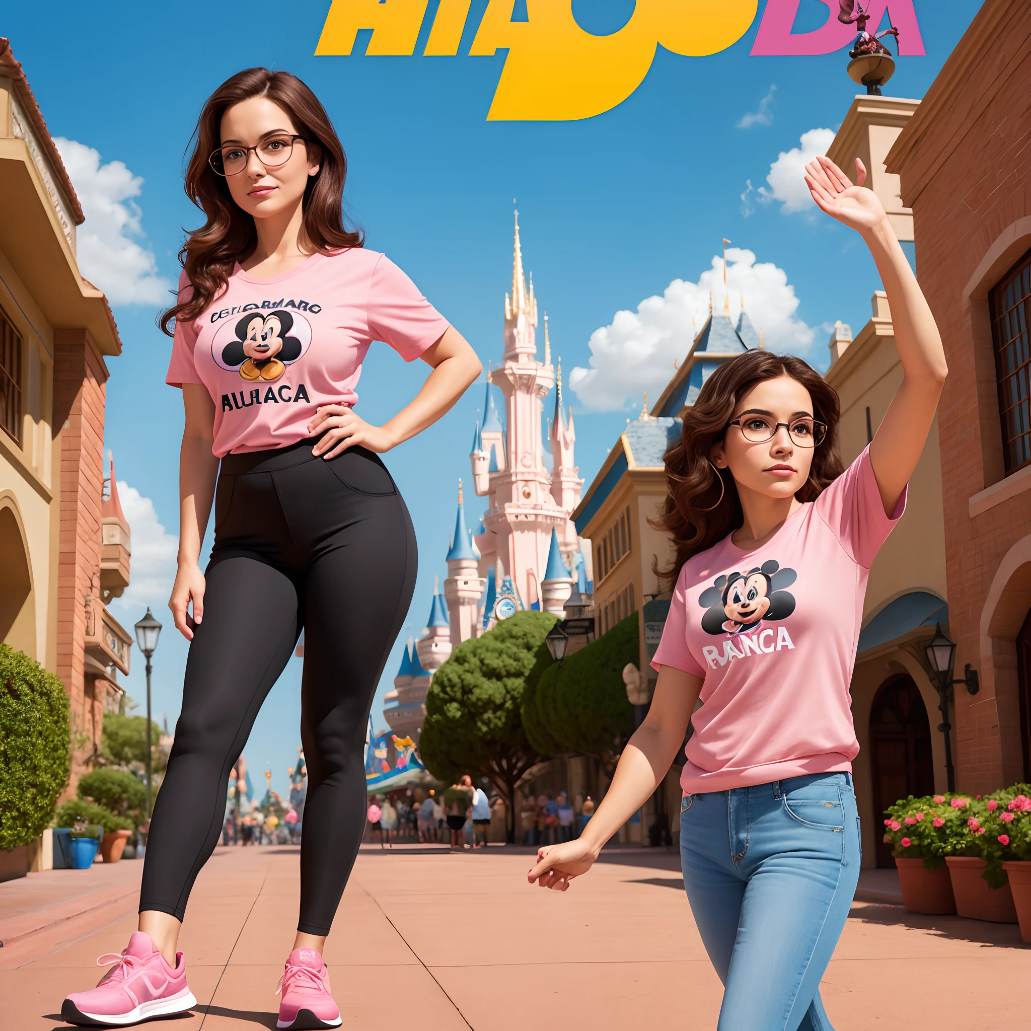 Disney Pixar Poster, mulher branca, medium length brown straight hair, olhos castanhos, professora, blusa rosa, black pants and pink sneakers, na sala de aula