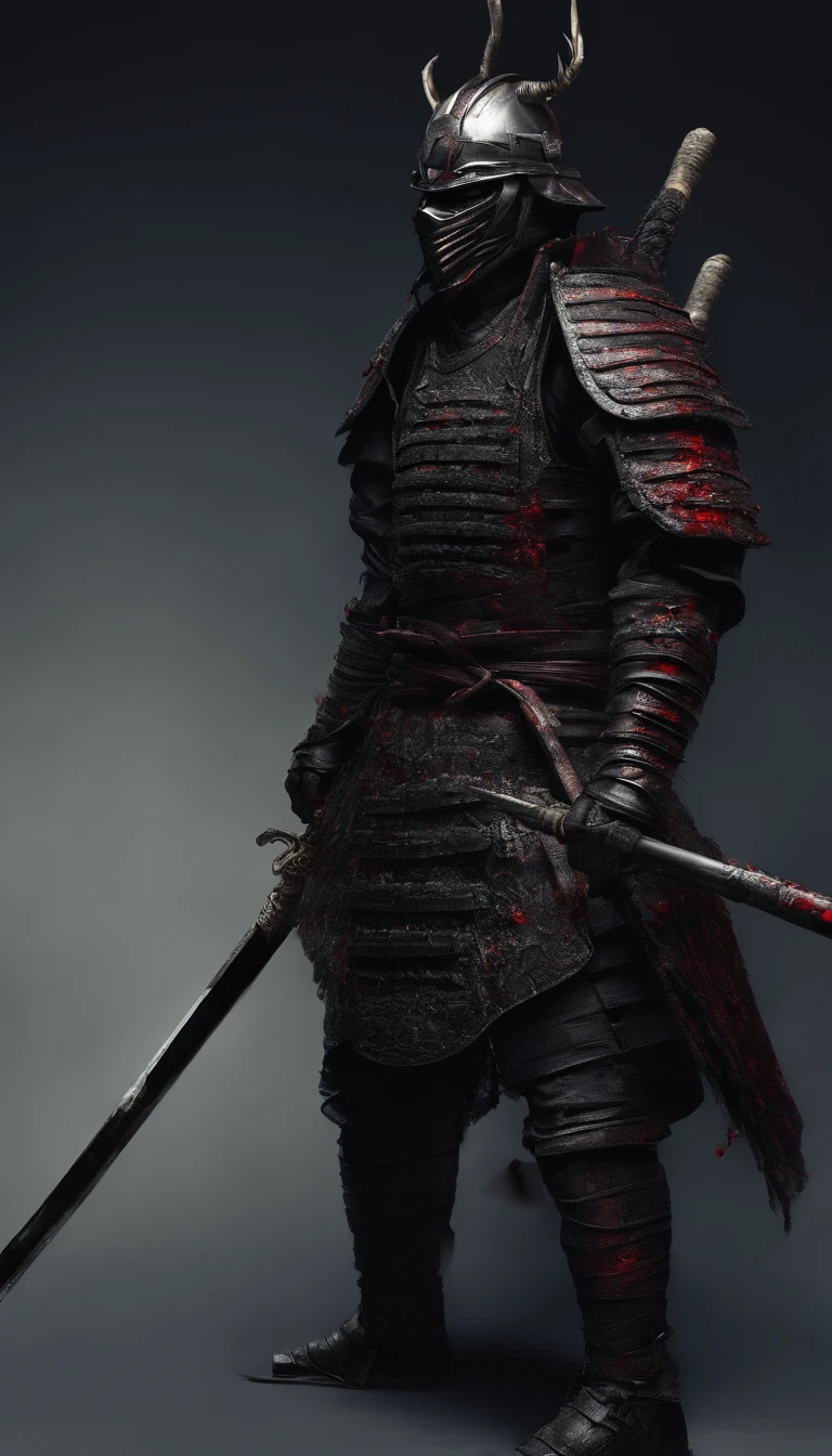 (best quality,4K,8K,a highres,Meisterwerk:1.2),Ultra-detailliert,realistisch:1.37,Samurai der Sengoku-Zeit Japans,Wear full samurai armor,Schwarze Samurai-Maske,Ein scharfes Katana in der Hand,A strong sense of oppression,glowing red eyes