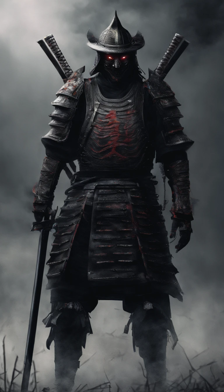 Cyborg ronin, standing on a field full of corpses
