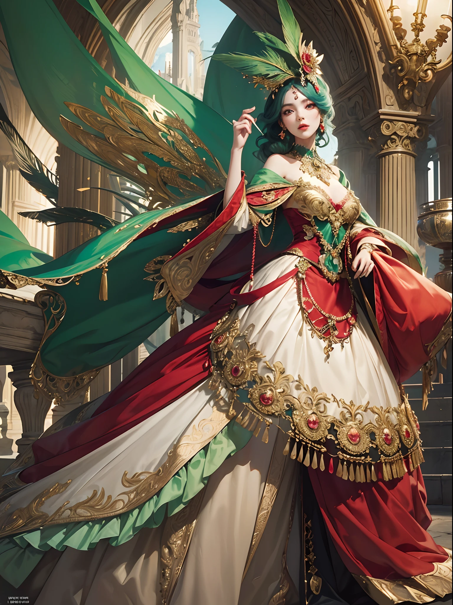 Green and red tones、Vibrant colors、((​masterpiece)))、(((top-quality)))、((ultra-detailliert))、(A hyper-realistic)、(highly detailed CGillustration）、Official art、Paris at the beginning of the 20th century、Decadent、Madame Papillon、Masquerade、Elegance、Masks that cover most of the face、Colorful and detailed mask design、matchless beauty、Fans、gorgeous dress、jewely、Perfect Angle、perfect-composition、full body Esbian