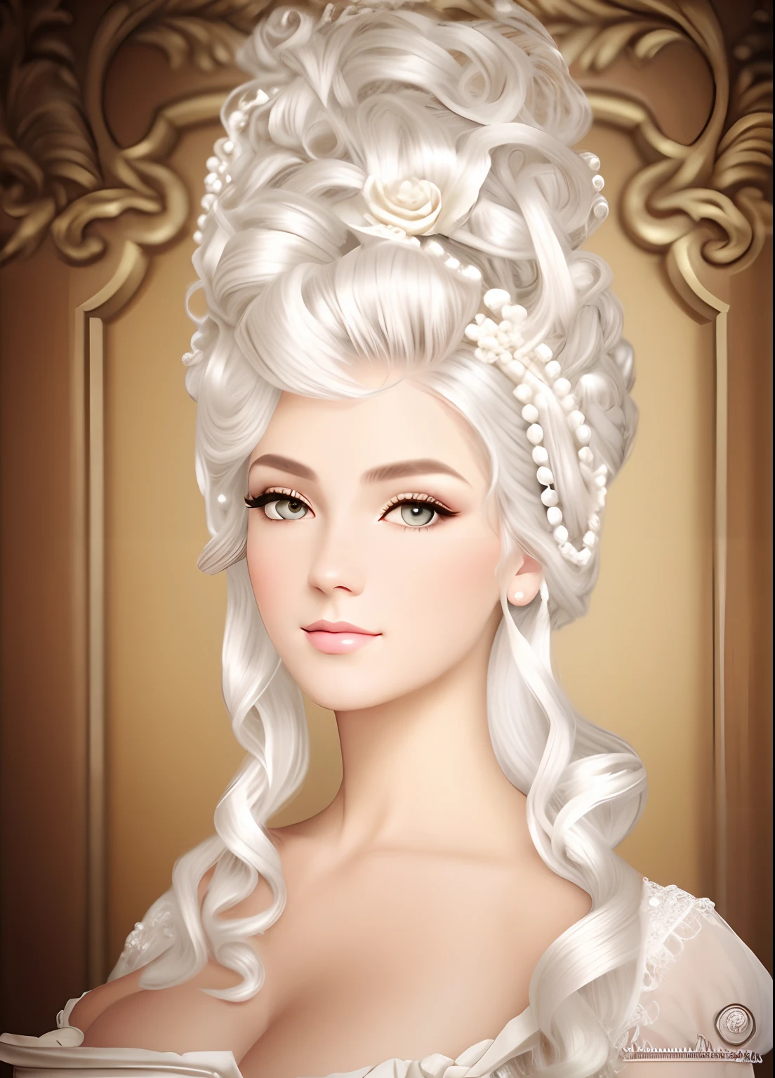 um close up de uma mulher com um penteado grande e um vestido, frontal, de frente rococo queen, rococo portrait, rococo style portrait, rococo fashion, Maria Antonieta, rococo art style, Rococo art, cabelo barroco, # RococoStyle, rococo and art nouveau fusion, rococo cyberpunk, RococoStyle, rococo style WHITE HAIR, cabelo branco,, white hair, cabelo platinado, rosto frontal, de frente, pearl accessories, Pearls and flowers in hair with shiny diamonds