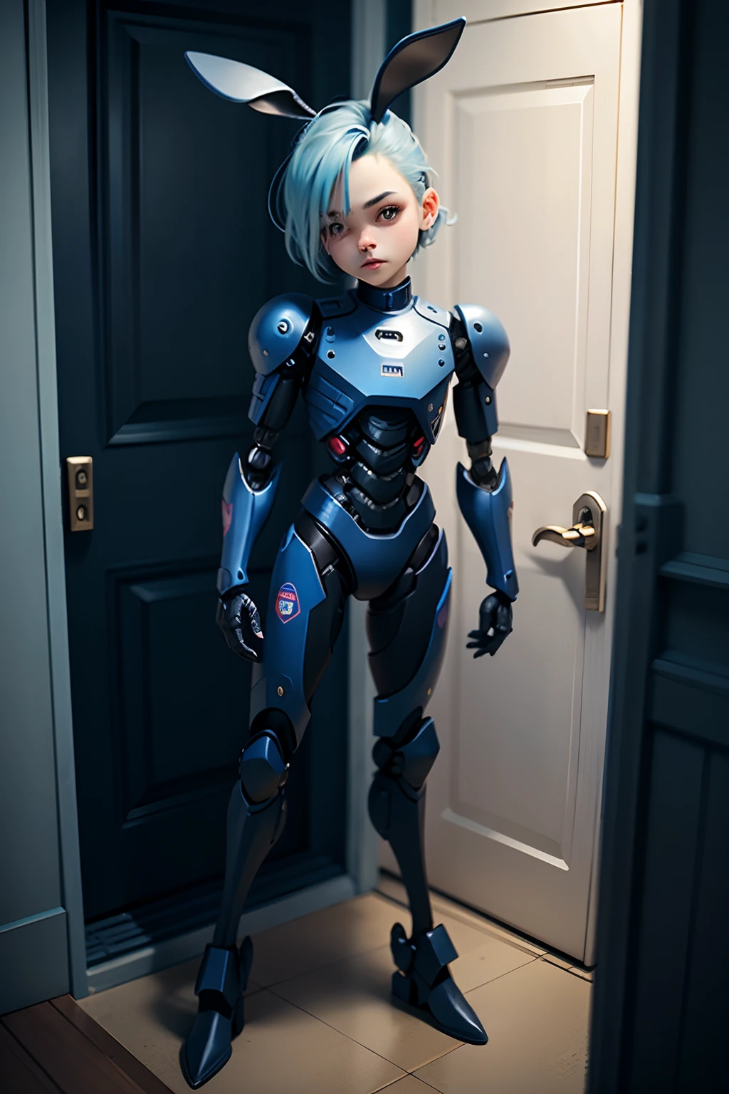 loli bunny boy, 2bunny ears, half robot, blue hair color, dark room with door, formal rhalf obotic suit, poser