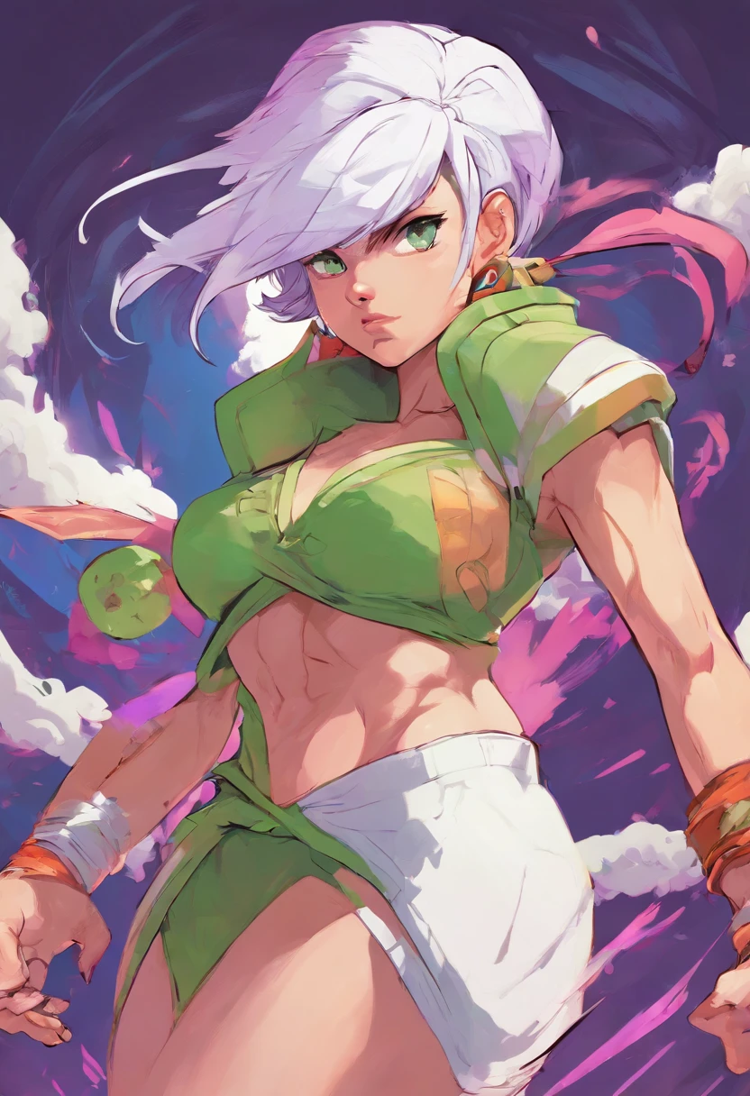 girl, short hair, white hair, light green eyes, violet witch hat, in swimsuit, staring