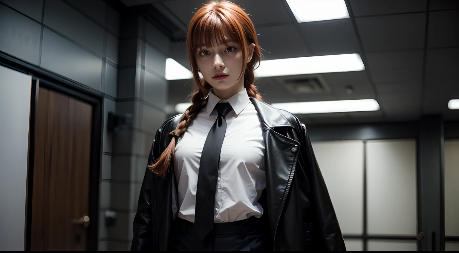 makima, long hair, smile, bangs, (small breasts:1.2), (yellow eyes:1.2), braid, red hair, braided ponytail, ringed eyes, shirt, long sleeves, jacket, white shirt, necktie, collared shirt, pants, ((black jacket)), black pants, formal, suit, black necktie, shirt tucked in, office lady, ((suit)), black suit