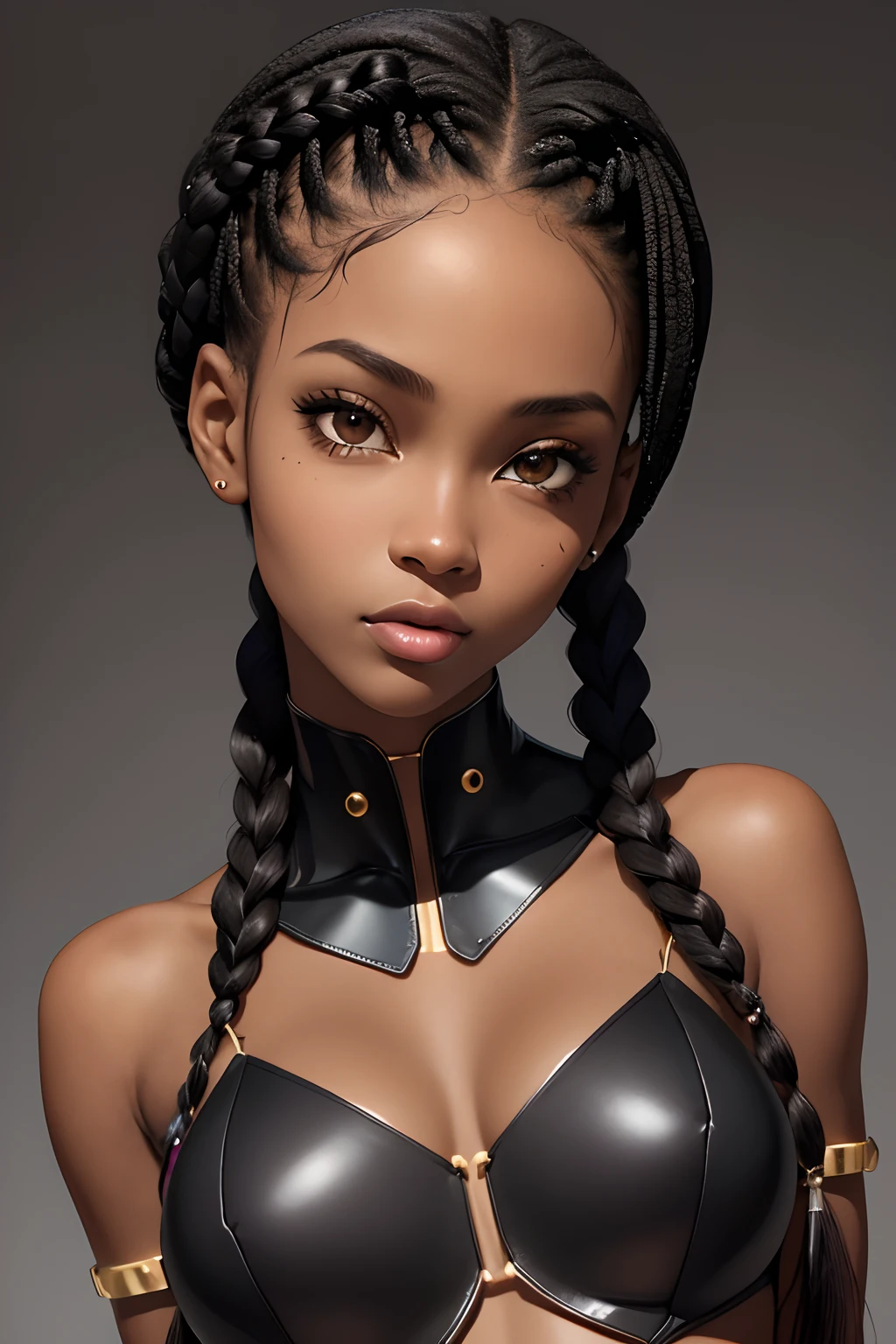 (master part, best quality), Deep Ebony 1girl, beautiful face, Kimberly_Jackson, Free braids, confuso, parte superior do corpo, (Head tilted completely to the left)