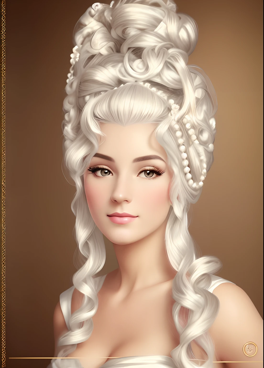 um close up de uma mulher com um penteado grande e um vestido, frontal, de frente rococo queen, rococo portrait, rococo style portrait, rococo fashion, Maria Antonieta, rococo art style, Rococo art, cabelo barroco, # RococoStyle, rococo and art nouveau fusion, rococo cyberpunk, RococoStyle, rococo style WHITE HAIR, cabelo branco,, white hair, cabelo platinado, rosto frontal, de frente, pearl accessories, Pearls and flowers in hair with shiny diamonds