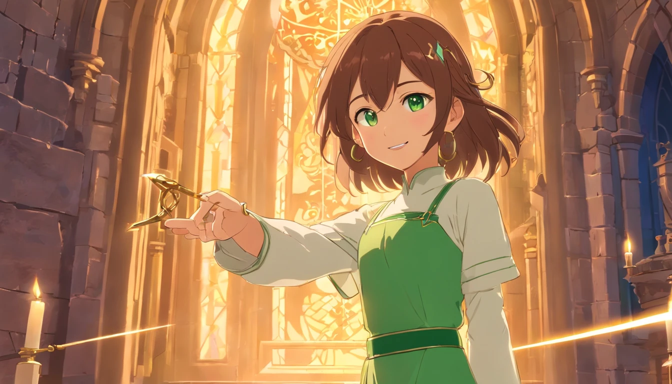 1 girl, with big brown hair, green eyes, braces smile, long dress, cute earrings, brown skin, inside a magical castle, full of shine and holding a sword in her hand
