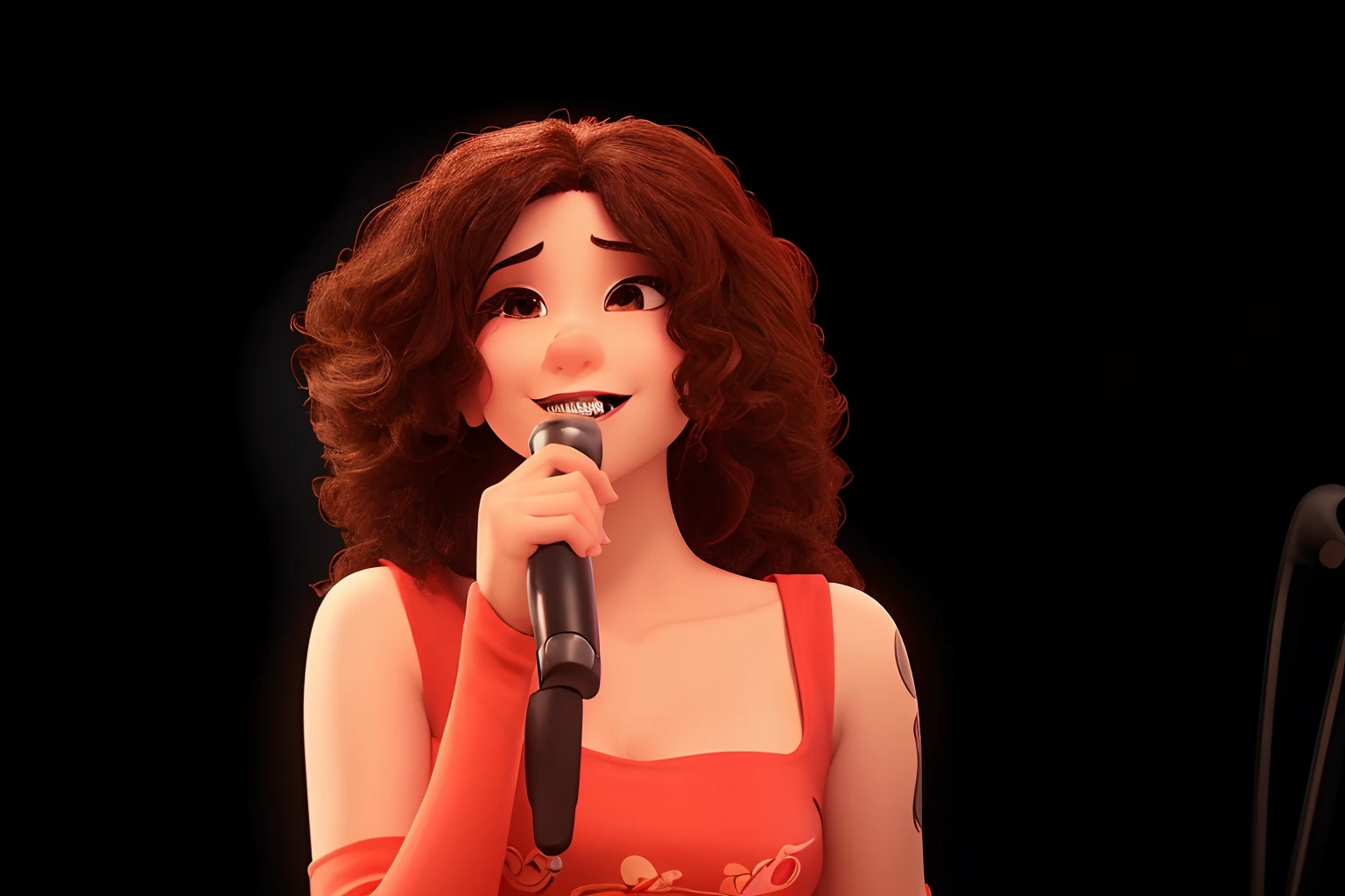 desenhar a cantora estilo pixar cabelo muito preto e bem cacheado, usando blusa vermelha sem estampa e luvas compridas com os dedos de fora