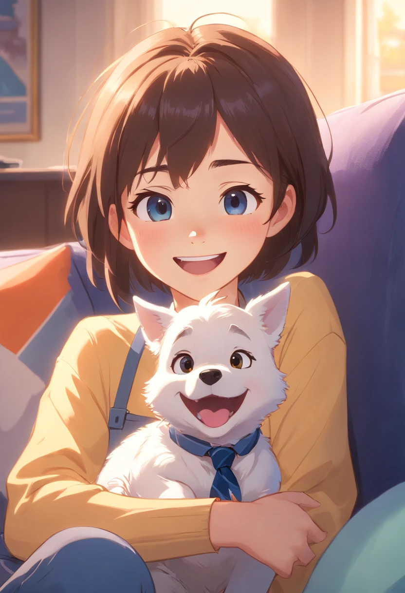 A Disney Pixar-inspired movie poster with MEL AMARAL. There is a white dog with a blue tie sitting on a sofa, smiling happily at the camera, highly detailed photo of happy, smiling at the camera, happy with his mouth open, smiling at the camera, with a happy expression, he is smiling, winking at the camera, smiling at the camera, happy and smiling, smiling but has a temper, happy smile.
The scene should be in the distinct digital art style of Pixar, with a focus on character expressions, vibrant colors, and delailed textures that are characteristic of their animations, with the MEL AMARAL .