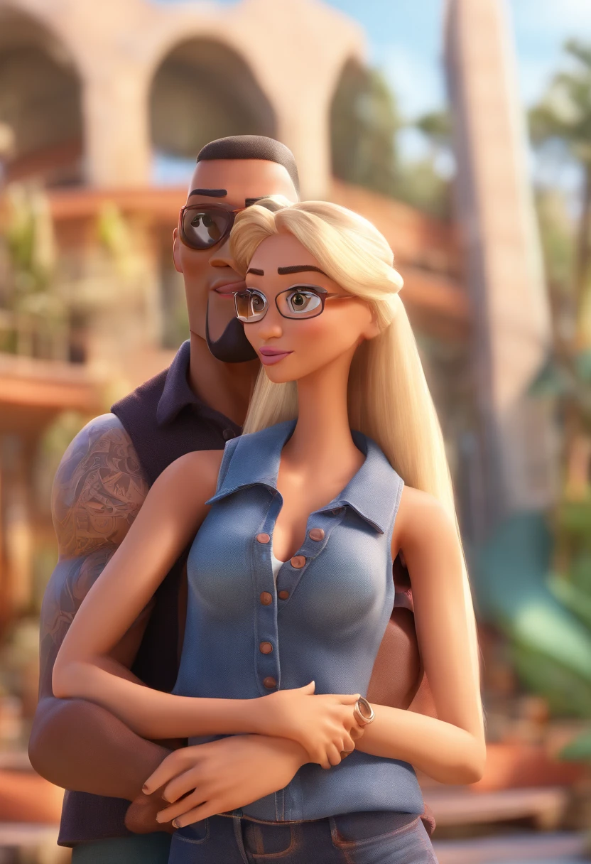 estilo Pixar 3D: Adult Man Dwayne Johnson Black Skin in Top Tank Top Hugging Medium Hair Blonde Woman Wearing Sunglasses, Jeans e camisa preta em uma sala de aula
