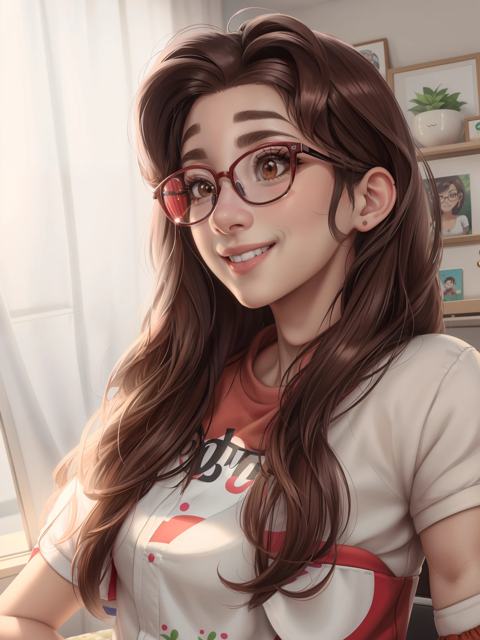 Cartoon girl with glasses and a red shirt smiling at the camera, bonito ligeiramente nerd sorriso, estilo de arte realista, retrato de personagem de closeup, Pokimane, retrato de personagem de mim, kawaii retrato realista, estilo de arte fotorrealista, closeup retrato de personagem, Artgerm e Atey Ghailan, Personagem de close up, Estilo anime 3D realista, retrato headshot do personagem