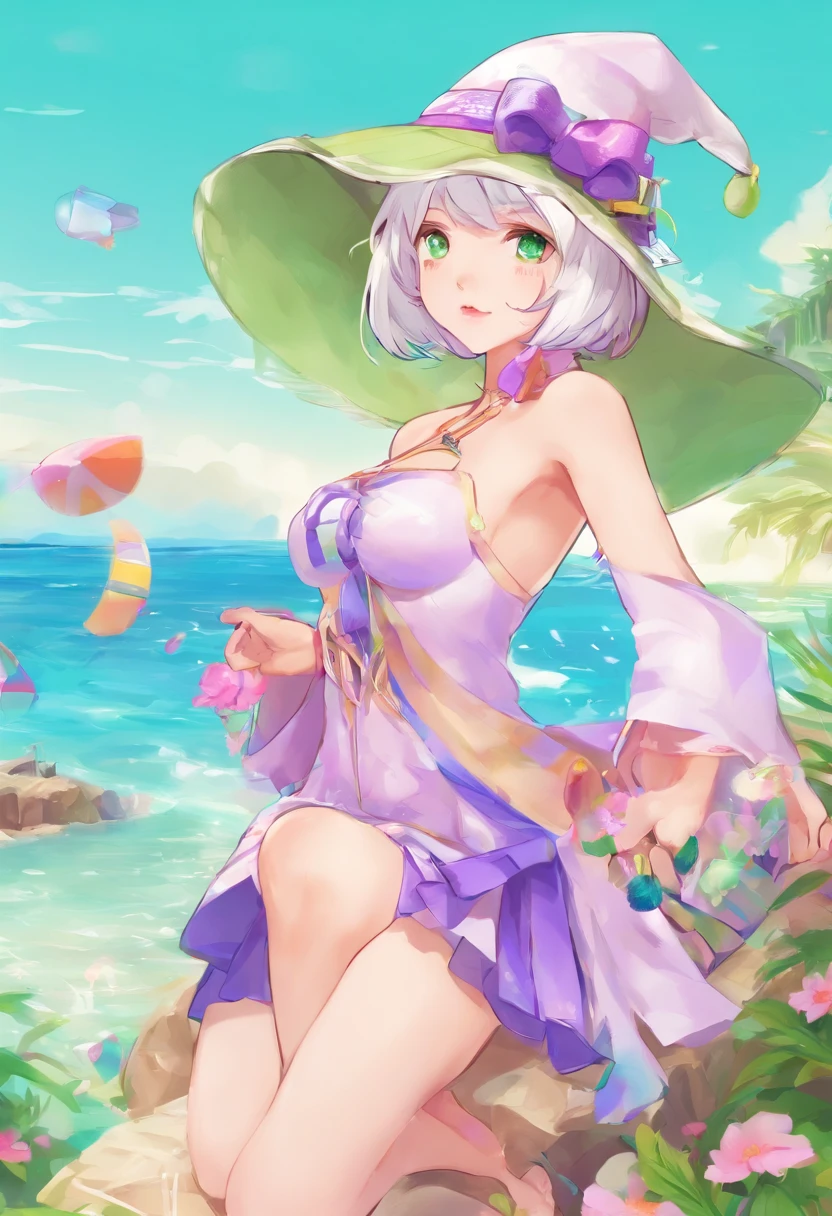 highest quality、very delicate and beautiful、(age girl)、purple eyes、green hair、short hair、(Purple Witch Hat)、purple swimsuit、face turns red、navel pussy、Are standing、facing forward、The background is the beach
