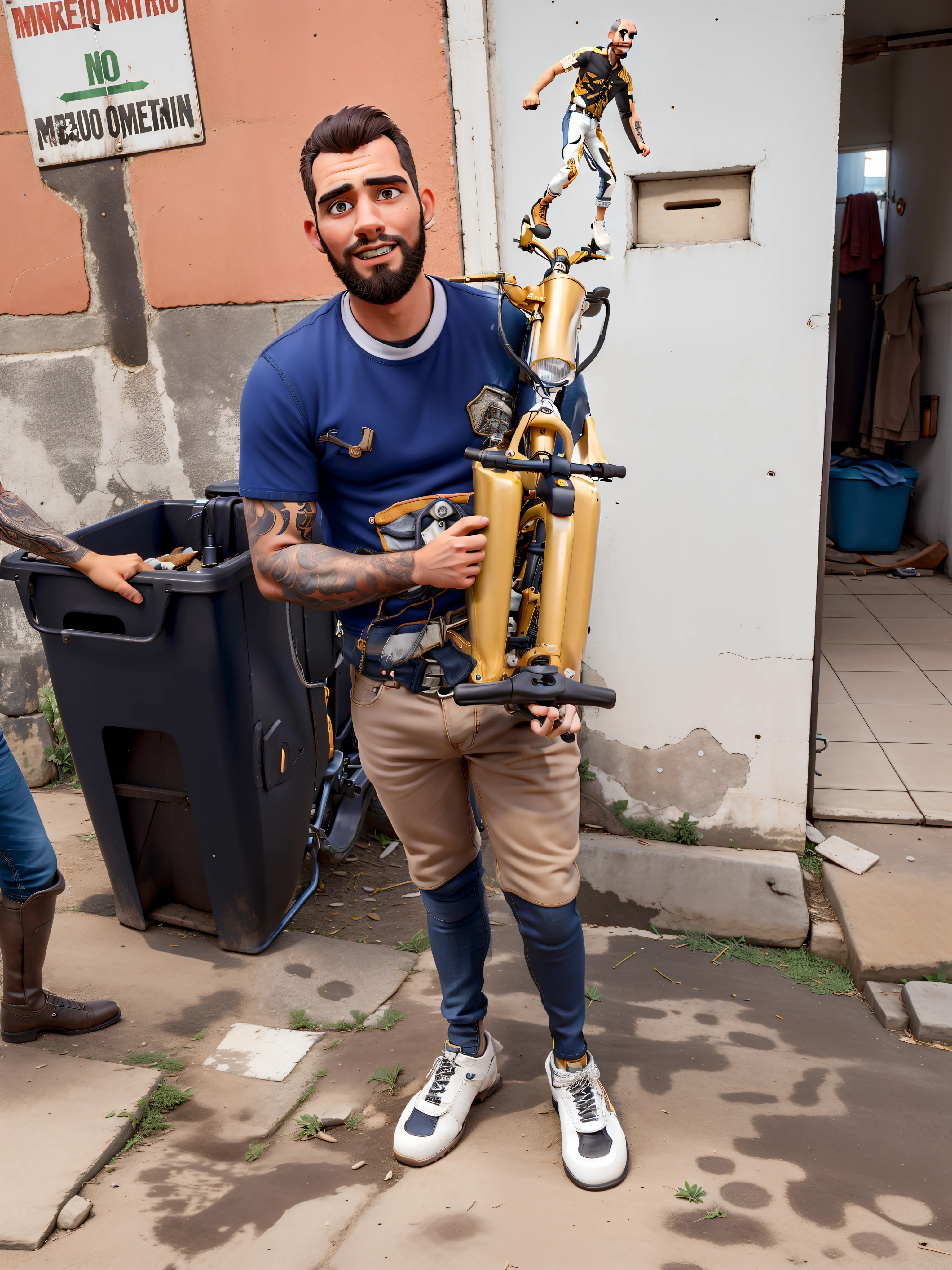 master part, best quality, um velho com barba branca e longos cabelos castanhos, vestindo uma jaqueta de couro e jeans preto, ao lado de sua motocicleta