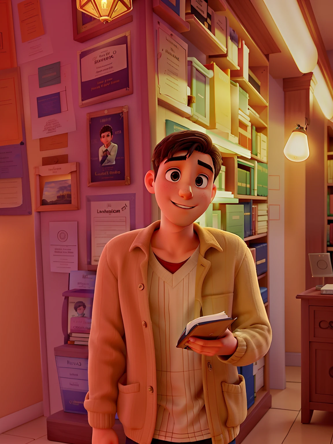 Un joven sabio parado delante, illuminated by the light of a lamp, Against the backdrop of a library