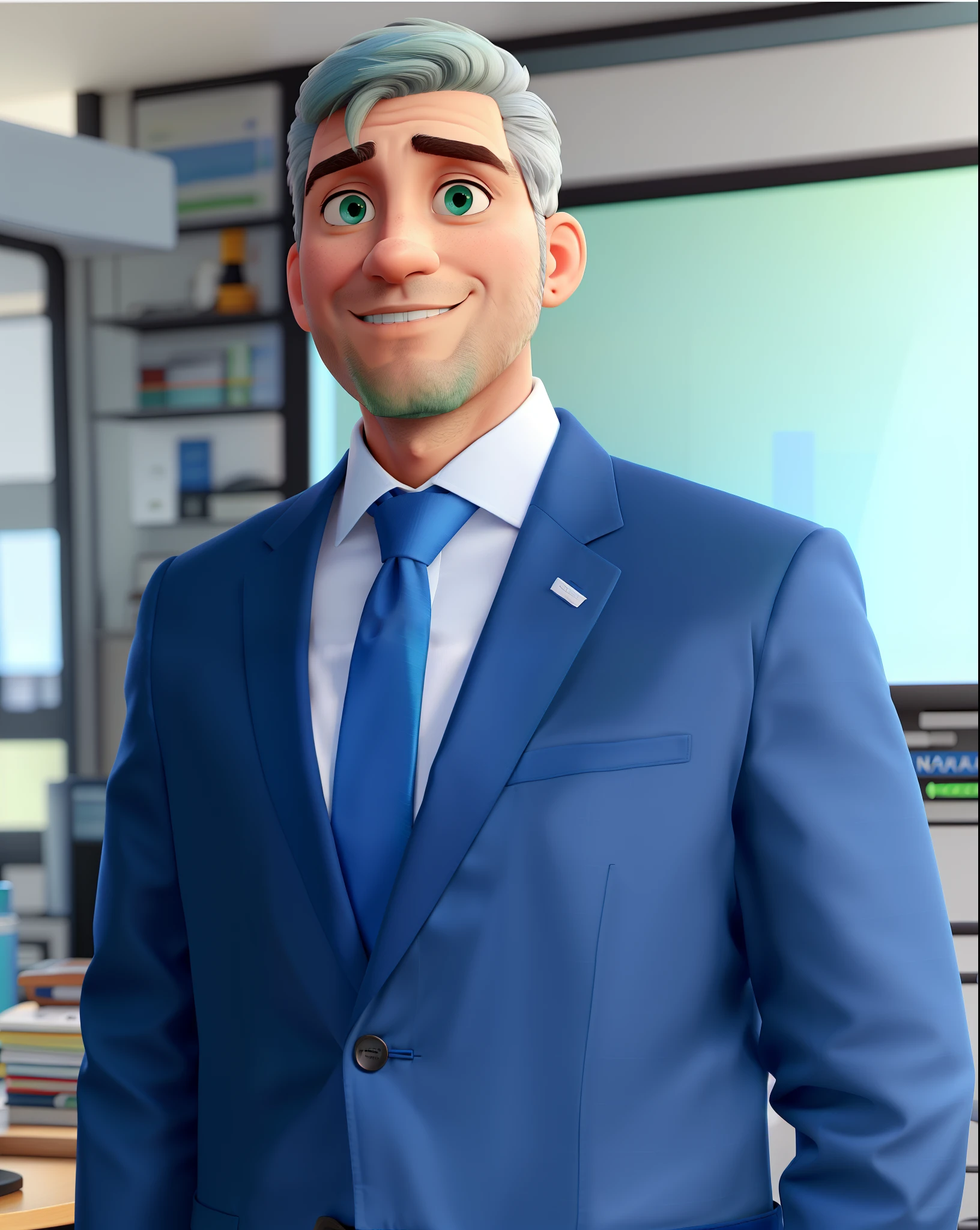 Um homem de 39 anos de terno azul listrado bem leve, olhos verdes claros, camisa branca e gravata azul da cor do terno, looking ahead and behind him people working at Nasdaq.sábi