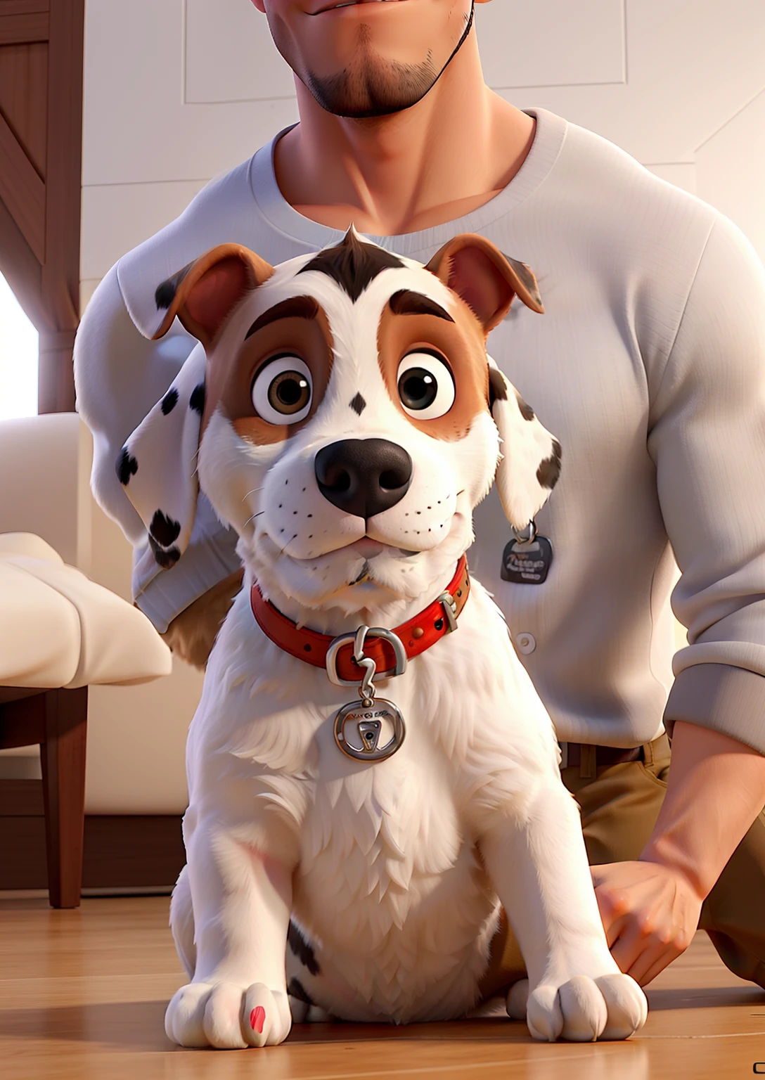 Homem elegante, Strong physique, com barba, olhos castanhos, Celebrating Your White Color Pitbull Dog's Birthday, The dog has a caramel-colored spot around his right eye, orelha esquerda da cor caramelo, ao fundo tem um Pitbull marrom com peito e patas brancas, A Dalmatian in the background,