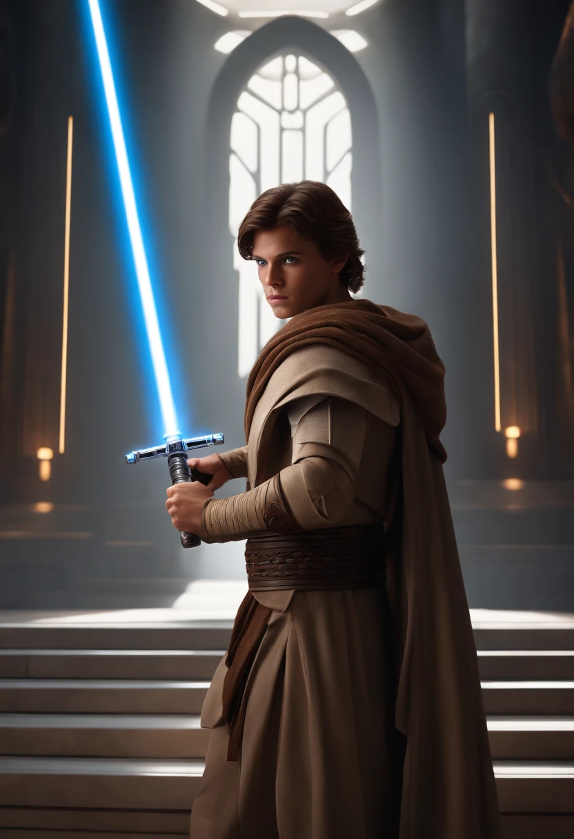 A highly detailed CGI rendering of a young human Jedi warrior in a fighting stance, Preparando-se para a batalha. He holds a single lit blue lightsaber in his right hand, Extended Advanced, And his left hand is stretched out behind him. Ele usa vestes e botas Jedi marrons simples. His facial expression is extremely focused and determined. The background is a futuristic gray empty temple interior illuminated by the glow of the lightsaber. Extremely realistic and cinematic lighting in the style of the Star Wars movies. 8K resolution, Ultra-alta qualidade.