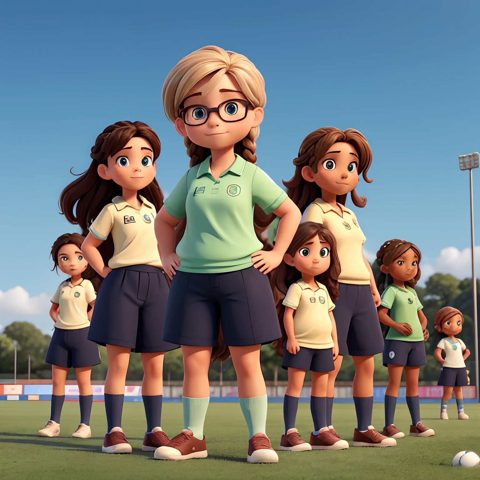 Crie um poster de um time de futebol feminino com 13 mulheres e um homem. Their uniform is green with black and has a badge on their shirt. The man is the trainer and has a mustache and a black goatee, cabelo curto. The first girl is thin and tall and has her hair tied up, the second one is pretty loud, Skinny and and wears glasses, the third is short and fat and has male hair, the fourth is skinny, usa coque no cabelo bem enrolado, The fifth is brunette and a bit tall and has her hair tied up, The sixth is a bit high, Got braids in her hair, cintura fina e coxas grossas, The seventh is short and a little chubby, blonde and has blue eyes, the eighth is brunette, tem cabelo amarrado cintura fina e cabelo liso castanho, The ninth has long, shaved hair on one side of her head, the tenth is a goalkeeper, usa luvas, She is short and chubby and has long, tied hair, The eleventh is tall and has brown chanel hair, and the latter is of medium height and has long hair tied up. They're on the soccer field and there's a soccer ball next to them.