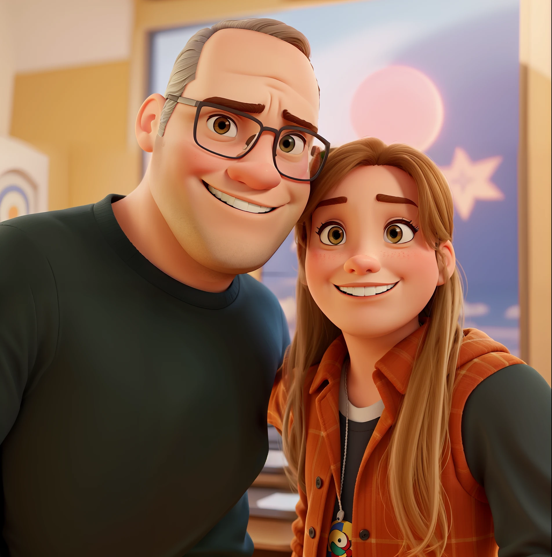 a man with a slightly rounded head and a Disney pixar-style woman, alta qualidade, melhor qualidade