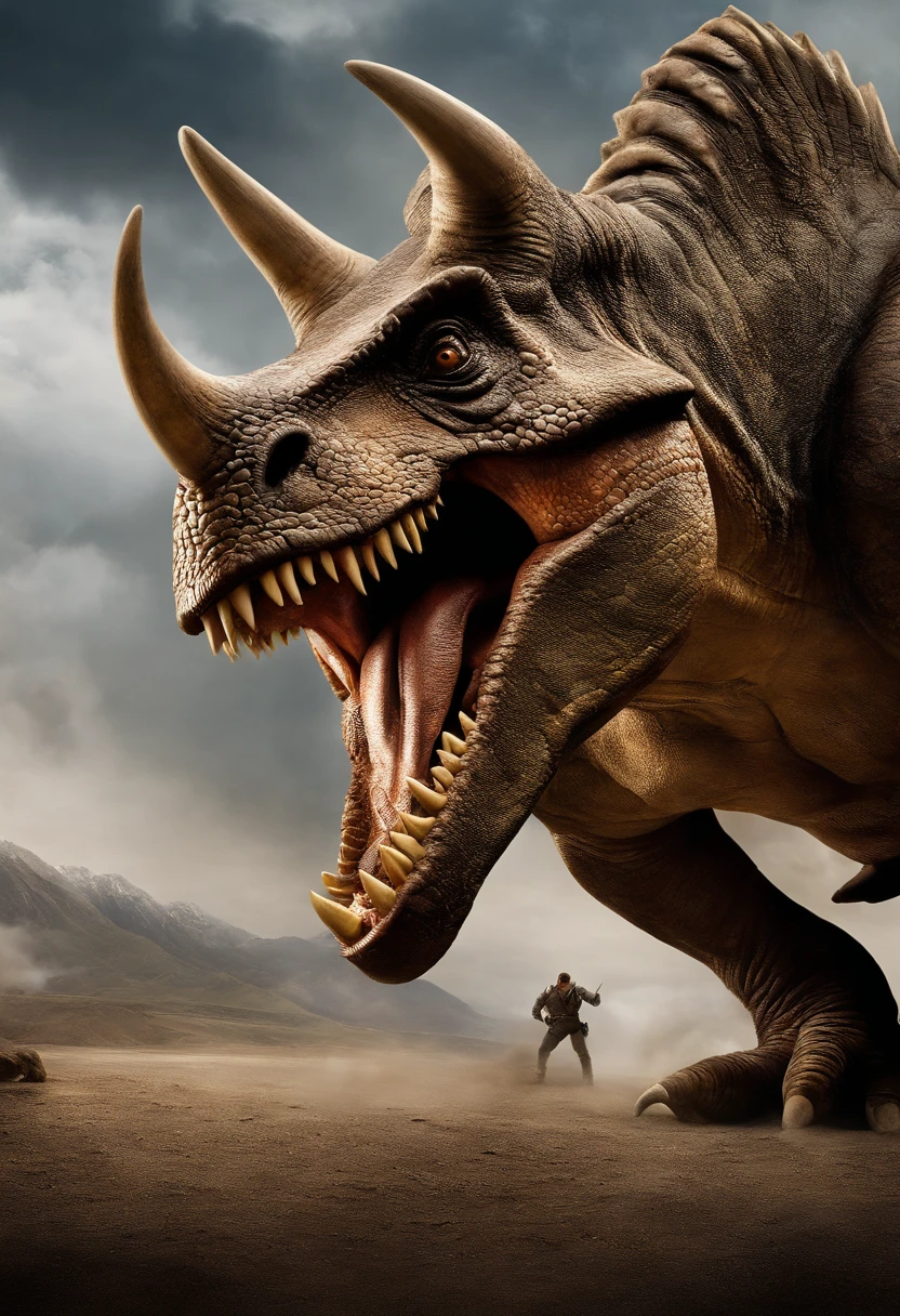 Crie um cartaz de filme para 'Extreme Dinosaur',' starring Dwayne Johnson as a Triceratops half-character. The poster should mix Dwayne Johnson's action hero character with the dinosaur theme, Crie um visual atraente e emocionante. The title should be bold and highlighted, Capturing the essence of this one-of-a-kind action-adventure film