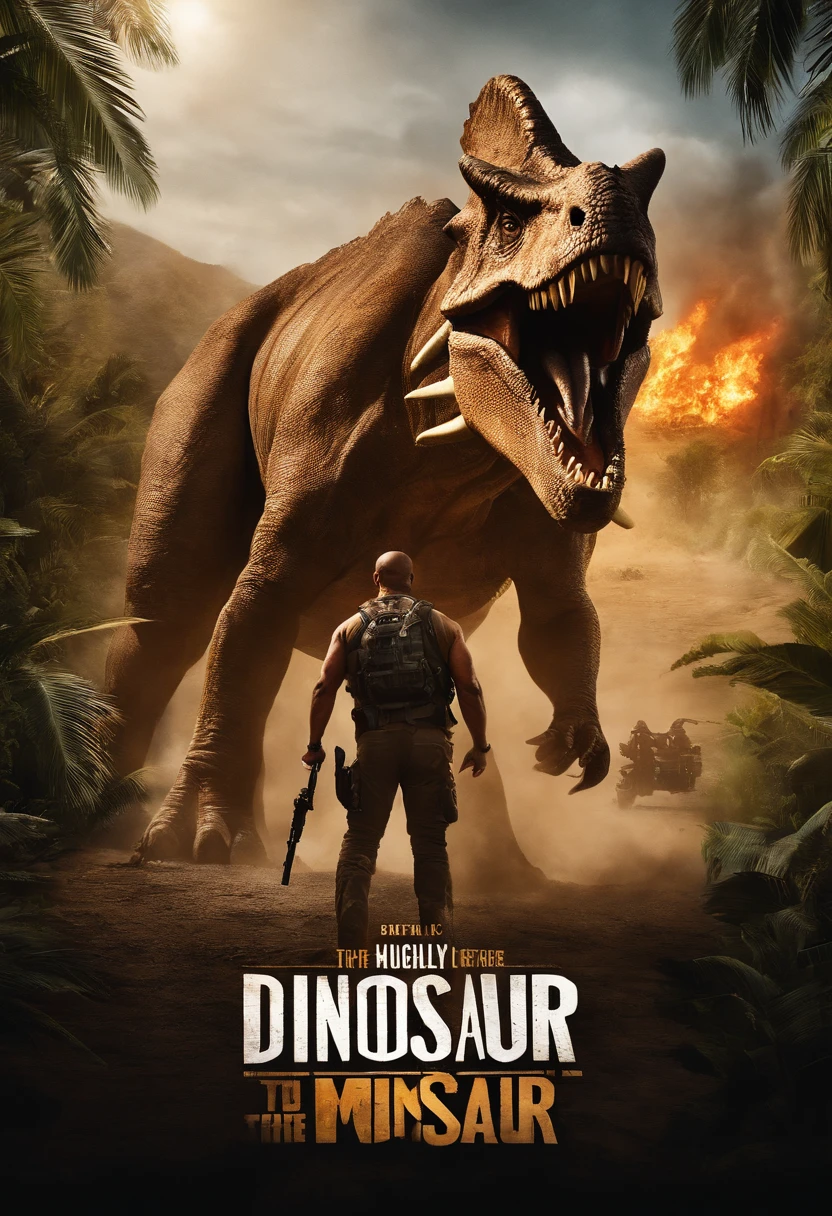 Crie um cartaz de filme para 'Extreme Dinosaur',' starring Dwayne Johnson as a Triceratops half-character. The poster should mix Dwayne Johnson's action hero character with the dinosaur theme, Crie um visual atraente e emocionante. The title should be bold and highlighted, Capturing the essence of this one-of-a-kind action-adventure film