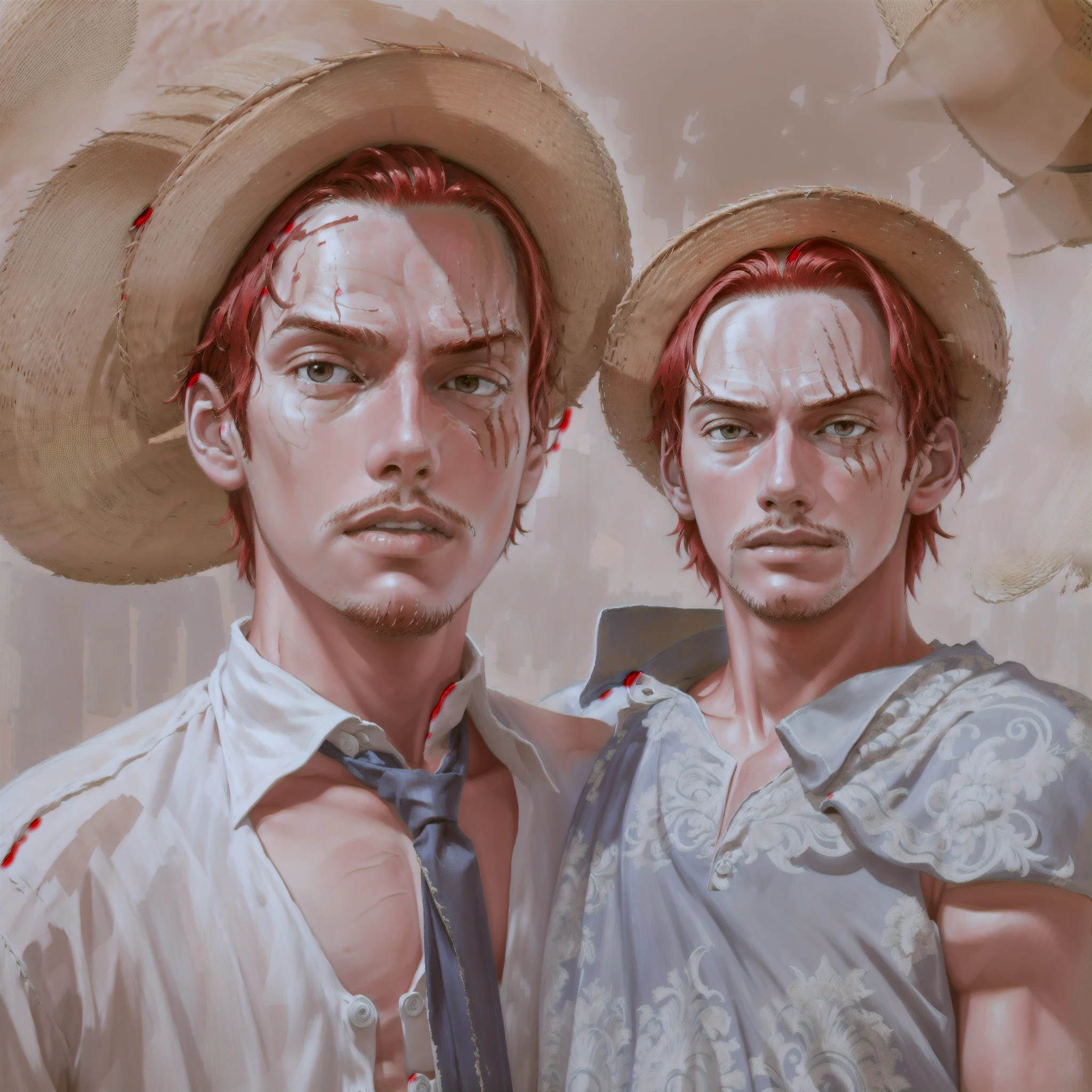 (masterpiece, best quality), intricate details,
1boy, man, red hair, straw hat, Shnks, shanks \(one piece\), scar on face,