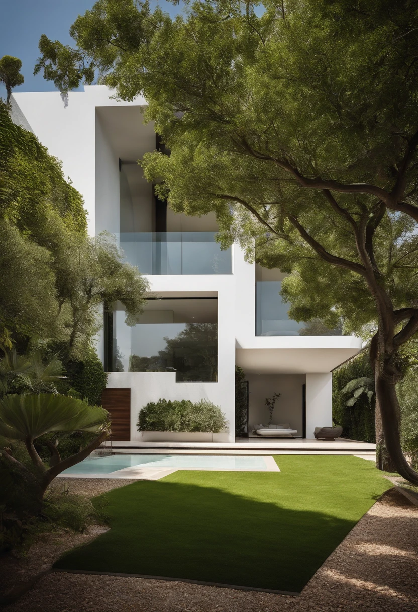 casa minimalista, 2 pisos, de color blanco y jardin con arboles