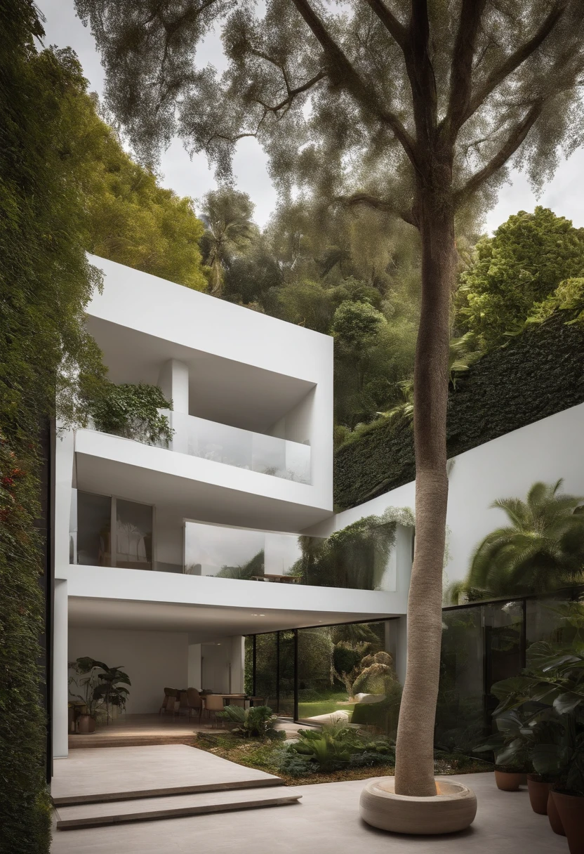 casa minimalista, 2 pisos, de color blanco y jardin con arboles