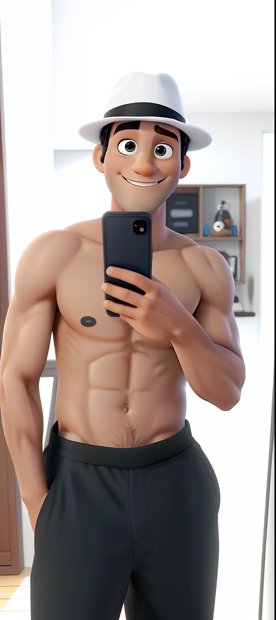 Um homem preto sem camisa de chapeu branco segurando um celular estilo disney pixar, alta qualidade, melhor qualidade