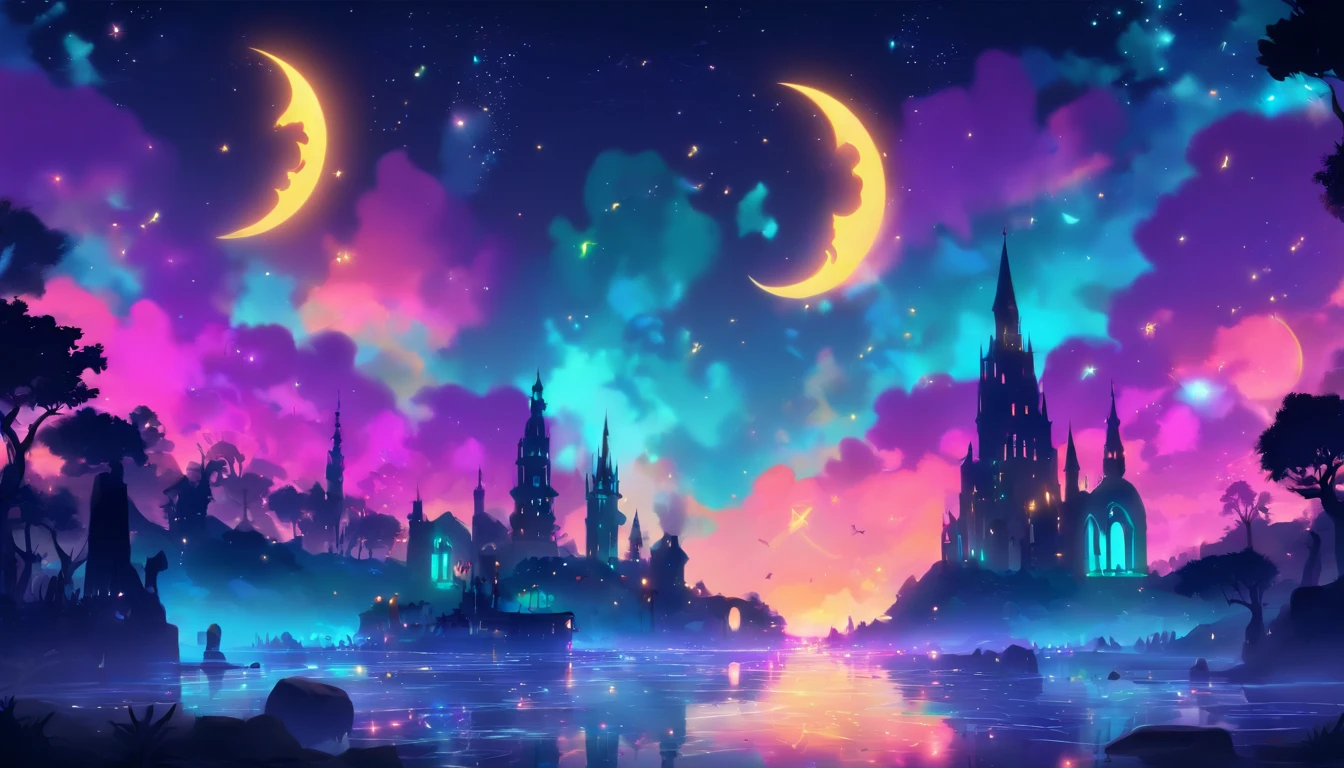 Luzes flutuantes de dia das bruxas, Cinematic light and reflection, luzes brilhantes, Intermediate elements of the metaverse,pintura digital, Reflexos brilhantes, refletir, dia das bruxas Jack-o'-lanterna, Noite tranquila, digital illustation, pleasant environment, Skylights at night, Tranquil atmosphere at night, Jack-o'-lanterna, dia das bruxas, in the nighttime, Thémon, A cena do jogo, dia das bruxas, cercado por nuvens, Buildings in medieval Europe, Telhas esmaltadas, UE, Cores bonitas, There are three arches in the foreground((Tinta colorida)), ( (Espirrar a tinta ) ), ((Espirrar a tinta) Inky})), tmasterpiece, Alta carreira, beautiful graphics, Detalhes altos,magnifica