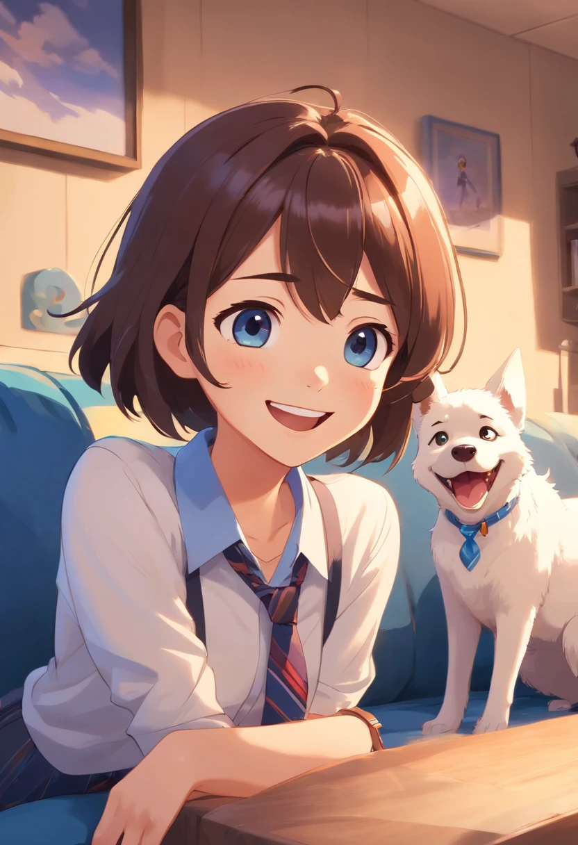 A Disney Pixar-inspired movie poster with MEL . There is a white dog with a blue tie sitting on a sofa, smiling happily at the camera, highly detailed photo of happy, smiling at the camera, happy with his mouth open, smiling at the camera, with a happy expression, he is smiling, winking at the camera, smiling at the camera, happy and smiling, smiling but has a temper, happy smile. The scene should be in the distinct digital art style of Pixar, with a focus on character expressions, vibrant colors, and delailed textures that are characteristic of their animations, with the MEL .