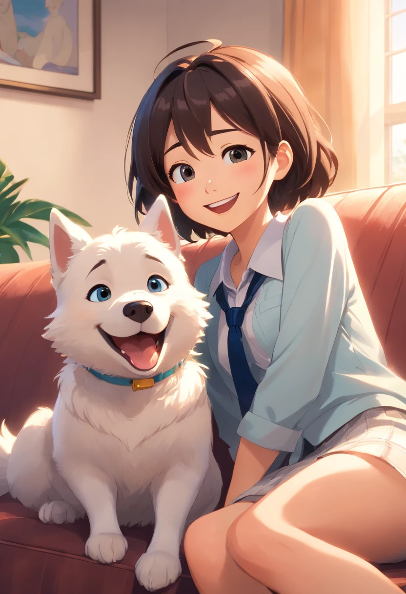 A Disney Pixar-inspired movie poster with MEL . There is a white dog with a blue tie sitting on a sofa, smiling happily at the camera, highly detailed photo of happy, smiling at the camera, happy with his mouth open, smiling at the camera, with a happy expression, he is smiling, winking at the camera, smiling at the camera, happy and smiling, smiling but has a temper, happy smile. The scene should be in the distinct digital art style of Pixar, with a focus on character expressions, vibrant colors, and delailed textures that are characteristic of their animations, with the MEL .