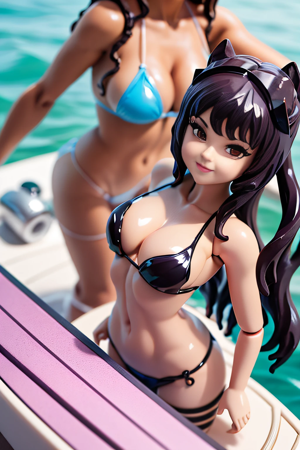 (((pvc figurine))) Selena Gomez, on a yacht, sexiest girl on earth, mini tanga bikini, very hot day, view from 5m away, happy, smile, perfect body, oiled body, avant garde fashion model pop up parade figure, seductive anime girl, anime figure, anime figurine, seductive. highly detailed, aoshima chiho, ( highly detailed figure ), pvc figurine