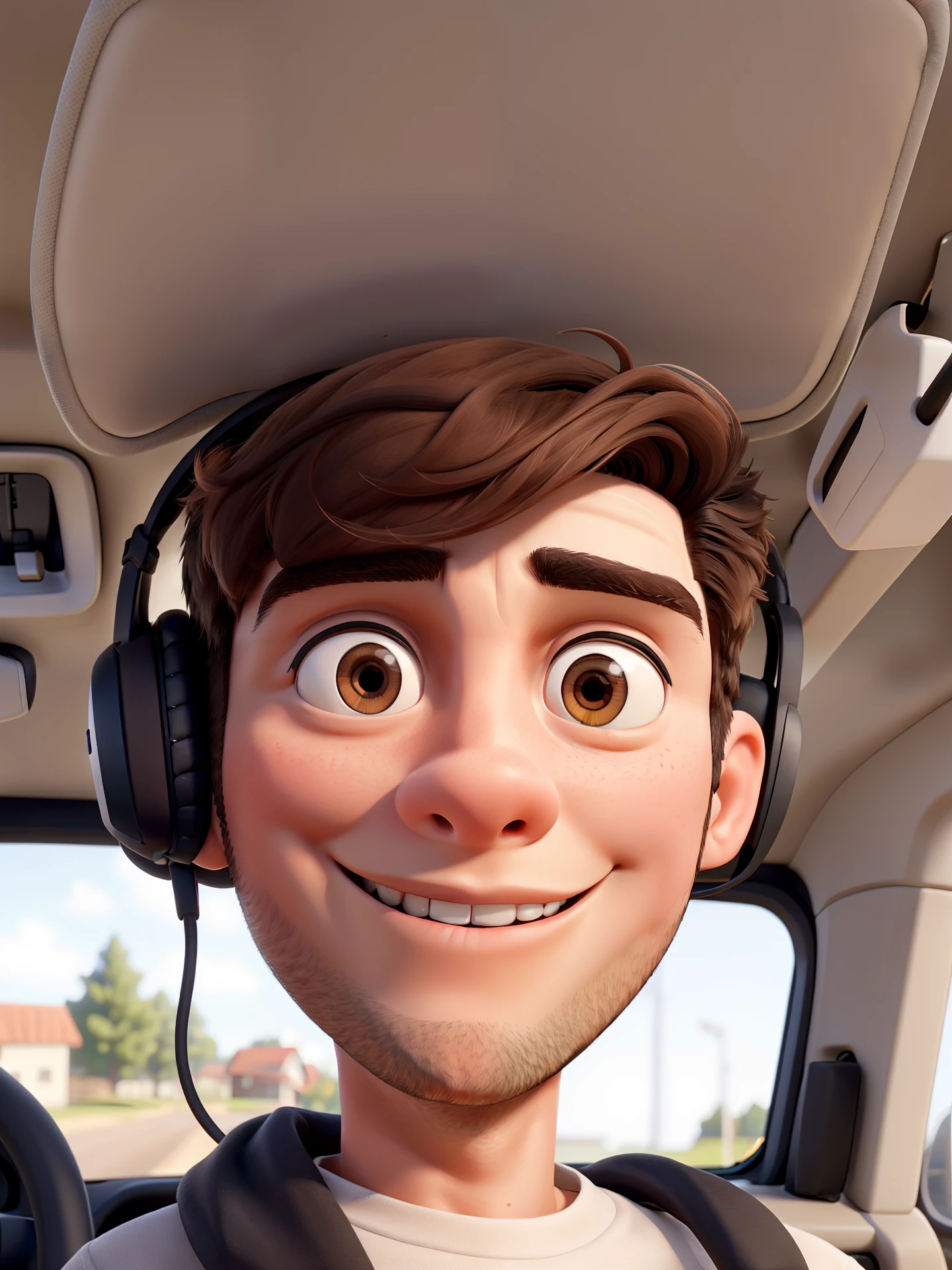 a young man driving, young man with headset