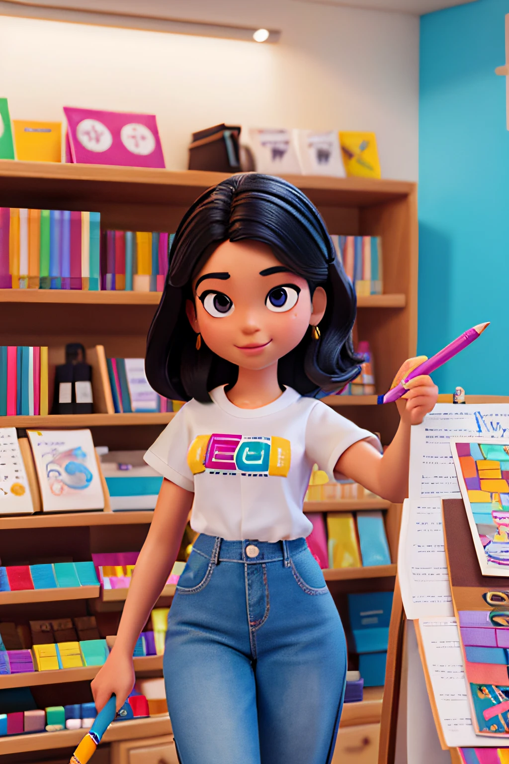 Crie um personagem no estilo Disney Pixar, Mulher morena, cabelo preto com luzes nas pontas, medium size hair, She is very friendly and creative , She's inside a stationery store next to several pens and pencils, She wears a white shirt written in color with a drawing of a pencil that is a bit thick and colorful, A papelaria se chama "Colorê" e tem as letras coloridas, On the back wall it says "A Arte Muda o Mundo" Which is in the Portuguese language, The shelves of the stationery stores are white and full of products.