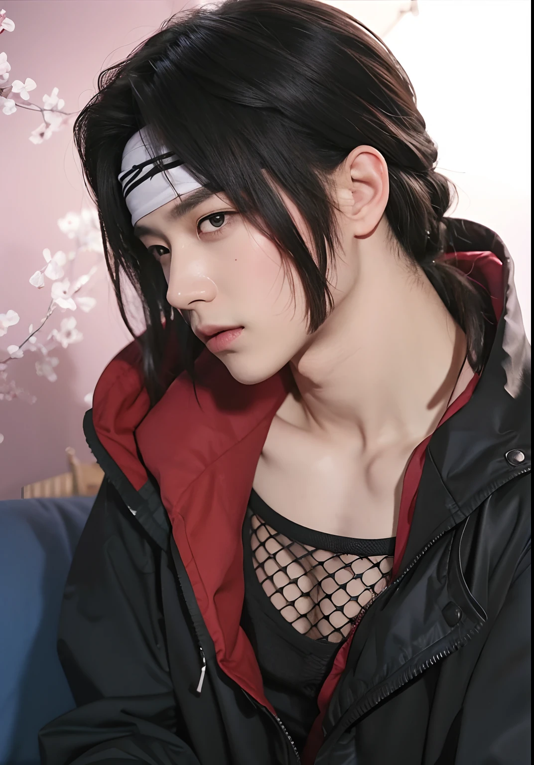 A boy with realistic tied long hair, realistic headband, realistic Korean handsome face, realistic cool expression, exactly the same clothes, realistic light, realistic shadows,realistic background