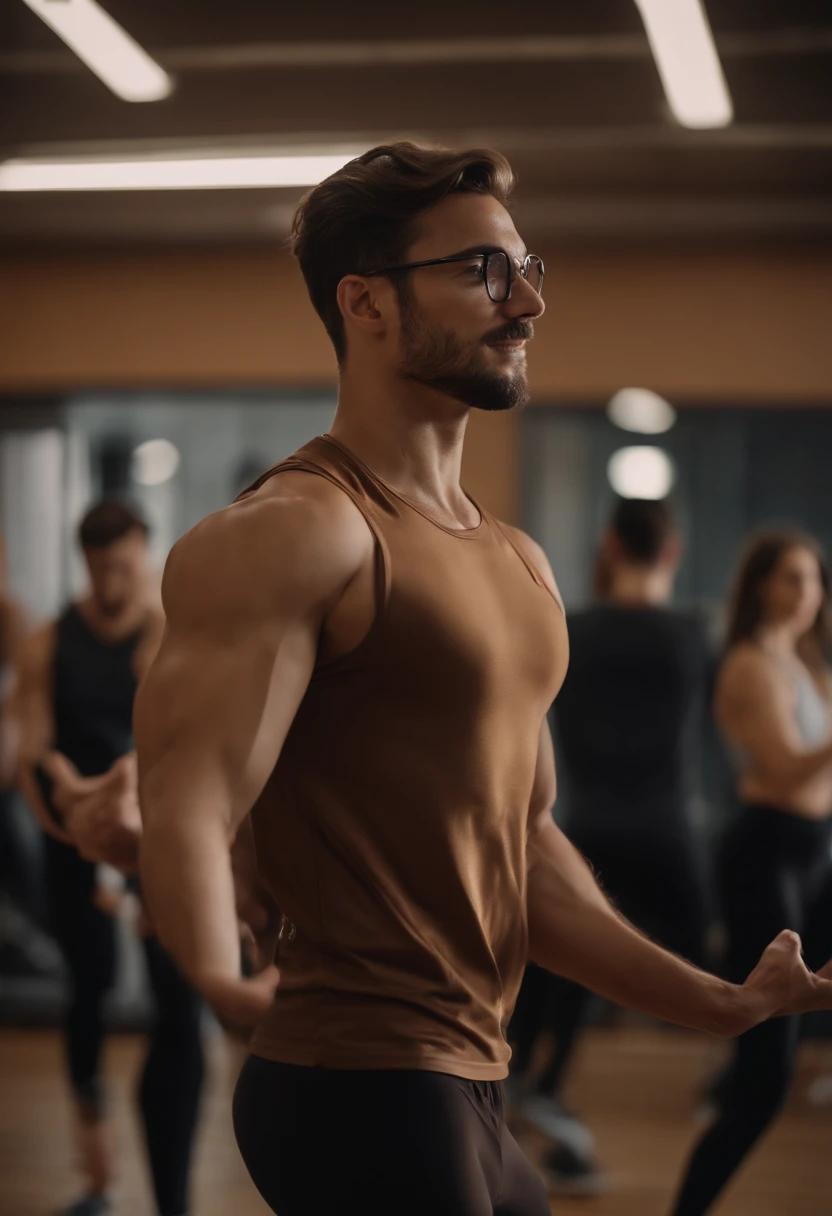 young athletic man giving a dance class at the gym, wearing very tight sports clothing where his pectorals are visible and his large bulge is visible between his legs, he has long brown hair tied in a ponytail, he wears brown glasses, he has tanned skin, he has a scar on his left arm, 8k, sexy man, the students who are in his class look at him with admiration while they sweat a lot while dancing