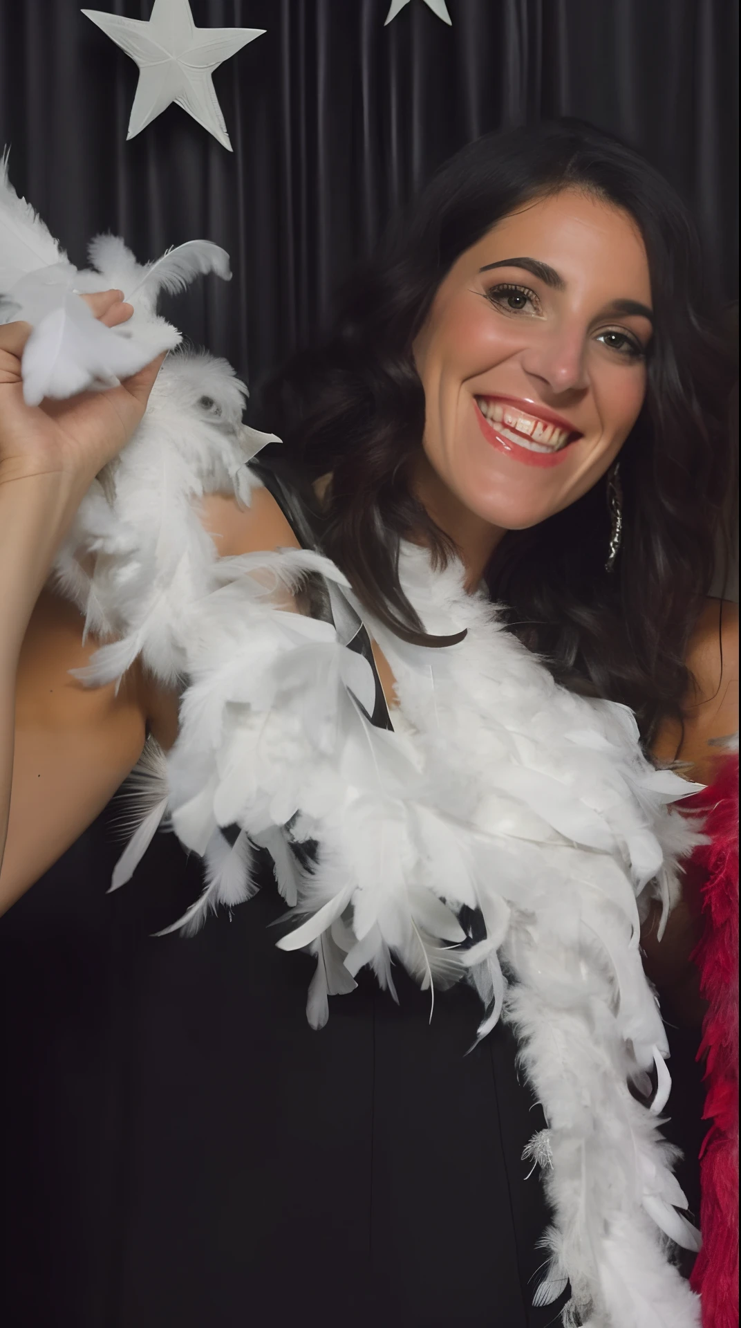 there are two women posing for a picture in a photo booth, feather boa, wearing a feather dress, she has feathers, white feathers, scarlet feather boa, profile image, feathers, full body made of white feathers, covered in feathers, girl with feathers, sandra chevier, feathered, posing!!, dress made of feathers, with a black background