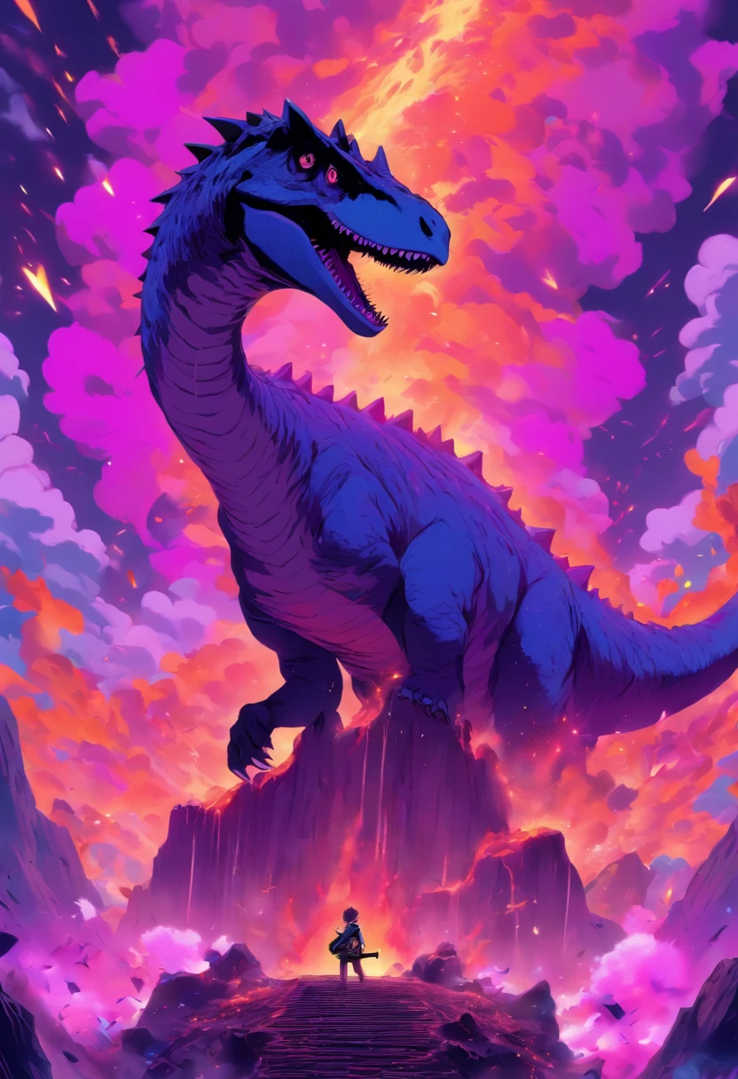 um dinossauro segurando uma guitarra, Falling from the top of an erupting volcano, A purple portal is opening inside the volcano, Top-down perspective of the volcano's interior, lente grande algular 14mm, alta qualidade, estilo pintura digital