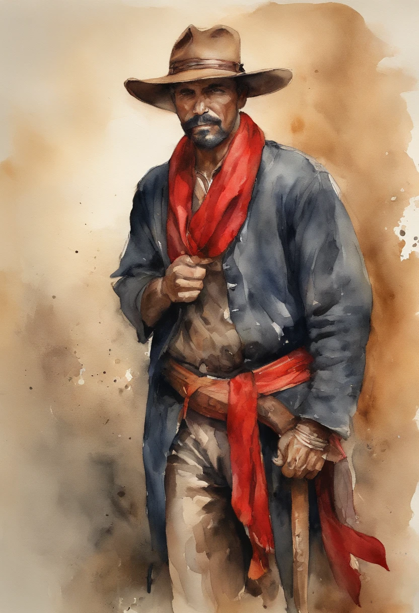 1 homem, brasileiro, nativo gaucho, Hook, calvo, Bald man with hat draped over his shoulders , Wide pants , Cinta Larga, bota de couro, espada, Red scarf with knot, montado em um cavalo negro,