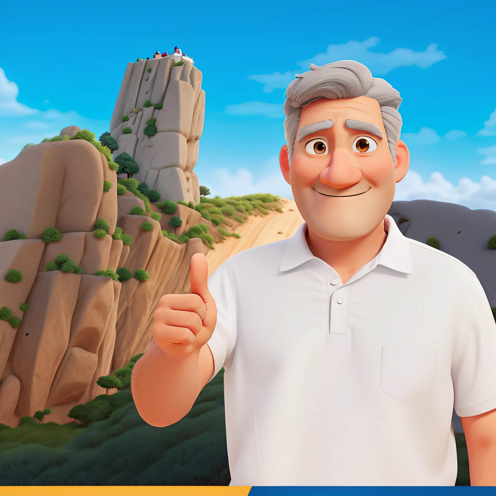 A gentleman with gray hair and white pixar style shirt waving in front of a postcard stone with blue sky