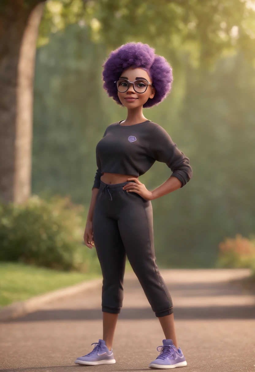 Cartoon character of a woman with lilac colored glasses and a black shirt, All Star Sweatpants & sneaker, cabelo curto Pixie CUT afro brasileiro de cor grisalho,Em cima,boca carnuda,olhos mel,animated character, Caractere estilizado, animation style rendering, 3D estilizado, Arnold Maya render, 3 d render stylized, toon render keyshot, Personagem 3D, Personagem 3D, 3d rendering stylized, 3 d character render, personagem de desenho animado, Personagem de close up, Pose de personagem, (Estilo Pixar) (master part:1.2) (Bokeh) (best quality) (pele detalhada branca) (textura detalhada) (8k) (Cinematic lighting)