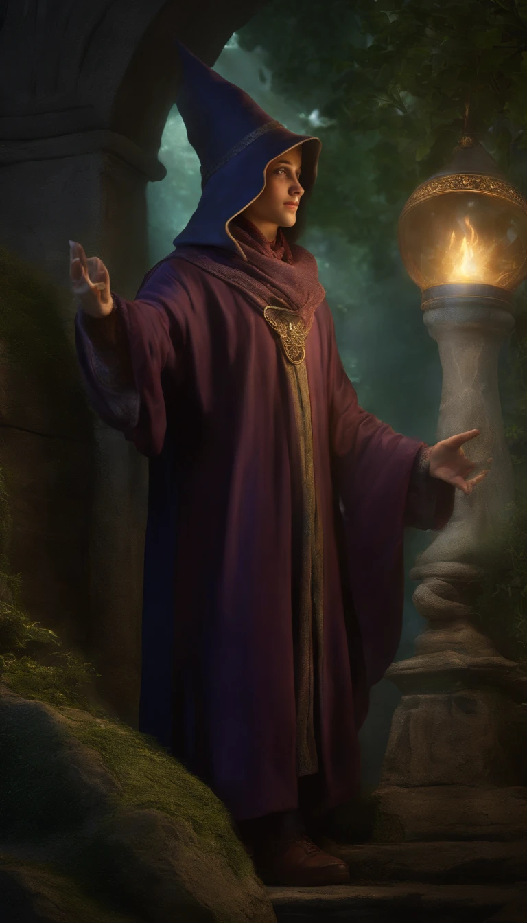 Em uma floresta escura e antiga, A young wizard in flowing robes and a pointed hat stands tall. He holds a glowing orb of light in his hand, irradiando um brilho hipnotizante. As he floats effortlessly above the ruins, Their presence illuminates their surroundings. The ruins are bathed in a gentle, ethereal light, revelando intrincadas esculturas em pedra e texturas intemperizadas. The young wizard's gaze is focused and determined, as if he was channeling powerful magic through the orb. The atmosphere is full of mystery and wonder, As the surrounding trees whisper secrets of forgotten tales. The color palette is rich and vibrant, with deep shades of emerald green and mystical shades of purples and blues. Lighting is dramatic, casting shadows that dance along the ruins, Adding depth and intrigue to the scene. The magician's face is detailed, with bright eyes and a mischievous smile that hints at his magical prowess. The overall picture is of the highest quality, capturing every intricate detail and bringing the mystical world to life. O estilo lembra a arte conceitual, combinando elementos de fantasia e aventura. The scene exudes a sense of wonder and curiosity, convidando os espectadores a mergulhar no mundo encantador do jovem bruxo e sua esfera luminosa. (best quality,4k,8k,Altas,master part:1.2),ultra-detalhado,(Realistic,fotorrealista,photo-realistic:1.37),HDR,studio lighting,pintura ultrafina,foco nítido,Physically-based rendering,extreme detail description,profissional,vivid colors,Bokeh,Retratos,Landscape.