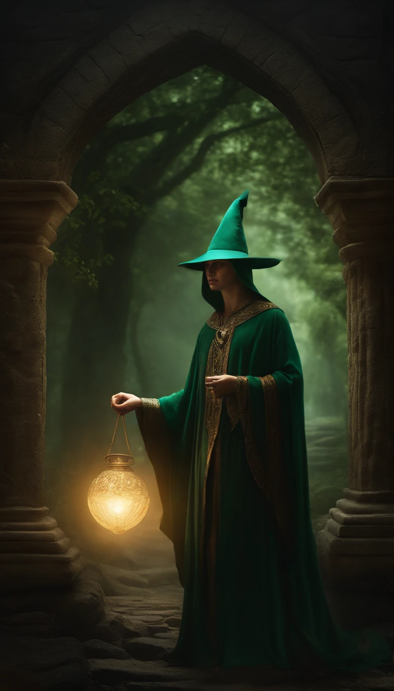 Em uma floresta escura e antiga, A young wizard in flowing robes and a pointed hat stands tall. He holds a glowing orb of light in his hand, irradiando um brilho hipnotizante. As he floats effortlessly above the ruins, Their presence illuminates their surroundings. The ruins are bathed in a gentle, ethereal light, revelando intrincadas esculturas em pedra e texturas intemperizadas. The young wizard's gaze is focused and determined, as if he was channeling powerful magic through the orb. The atmosphere is full of mystery and wonder, As the surrounding trees whisper secrets of forgotten tales. The color palette is rich and vibrant, with deep shades of emerald green and mystical shades of purples and blues. Lighting is dramatic, casting shadows that dance along the ruins, Adding depth and intrigue to the scene. The magician's face is detailed, with bright eyes and a mischievous smile that hints at his magical prowess. The overall picture is of the highest quality, capturing every intricate detail and bringing the mystical world to life. O estilo lembra a arte conceitual, combinando elementos de fantasia e aventura. The scene exudes a sense of wonder and curiosity, convidando os espectadores a mergulhar no mundo encantador do jovem bruxo e sua esfera luminosa. (best quality,4k,8k,Altas,master part:1.2),ultra-detalhado,(Realistic,fotorrealista,photo-realistic:1.37),HDR,studio lighting,pintura ultrafina,foco nítido,Physically-based rendering,extreme detail description,profissional,vivid colors,Bokeh,Retratos,Landscape.