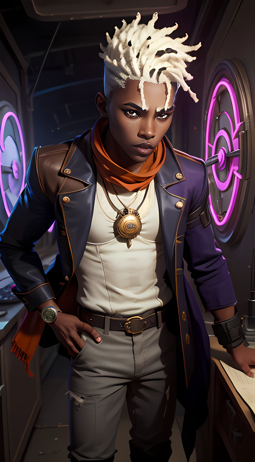 Arcane Ekko, Arcane ekko many details, young face, ************, 1st year, Only, dark-skinned man, perfect anatomy hands, dark skin, ((brown eyes: 1.5)), white mohawk hair, mailbox, dreadlocks , short hair , bangs, jacket, teeth, gray hair, parted lips, , ((master piece)), 8k , HDR , High details , an orange scarf around his neck, wears a neon, blue and purple fantasy rapper jacket, pants long, and boots. He also wears a pocket watch with a zodiac symbol inside. This clock is actually his time travel device, the Z-Drive, holding antique picture frame clock, White paint war marks on his face, in kda show, Neon blue costume and purple rapper jack in show kda league of legends .