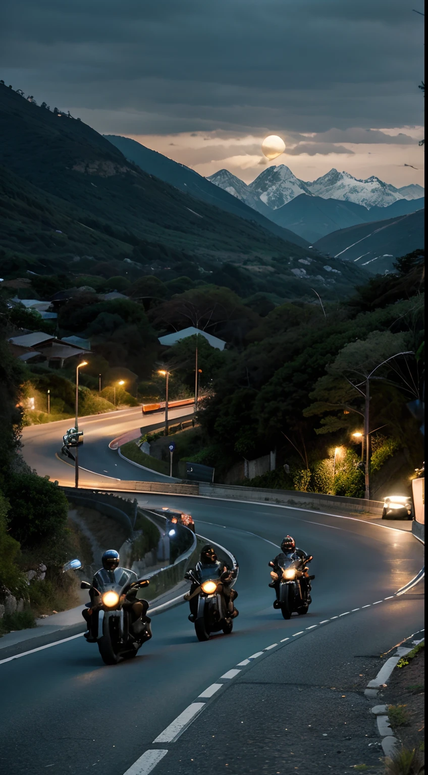 Some bikers going down a winding road between the mountains by the sea with their motorcycles. Noite escura com lua e nuvens.