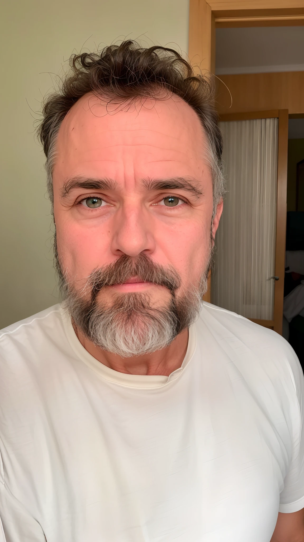 there is a man with a beard and a white shirt, Fotografia selfie 8k, Homem de 4 0 anos, foto de um homem branco de 50 anos, Homens de 45 anos, sem barba, no facial features, pelos faciais desgrenhados, olhar desleixado, barba branca curta, trabalho pioneiro suado e grosseiro