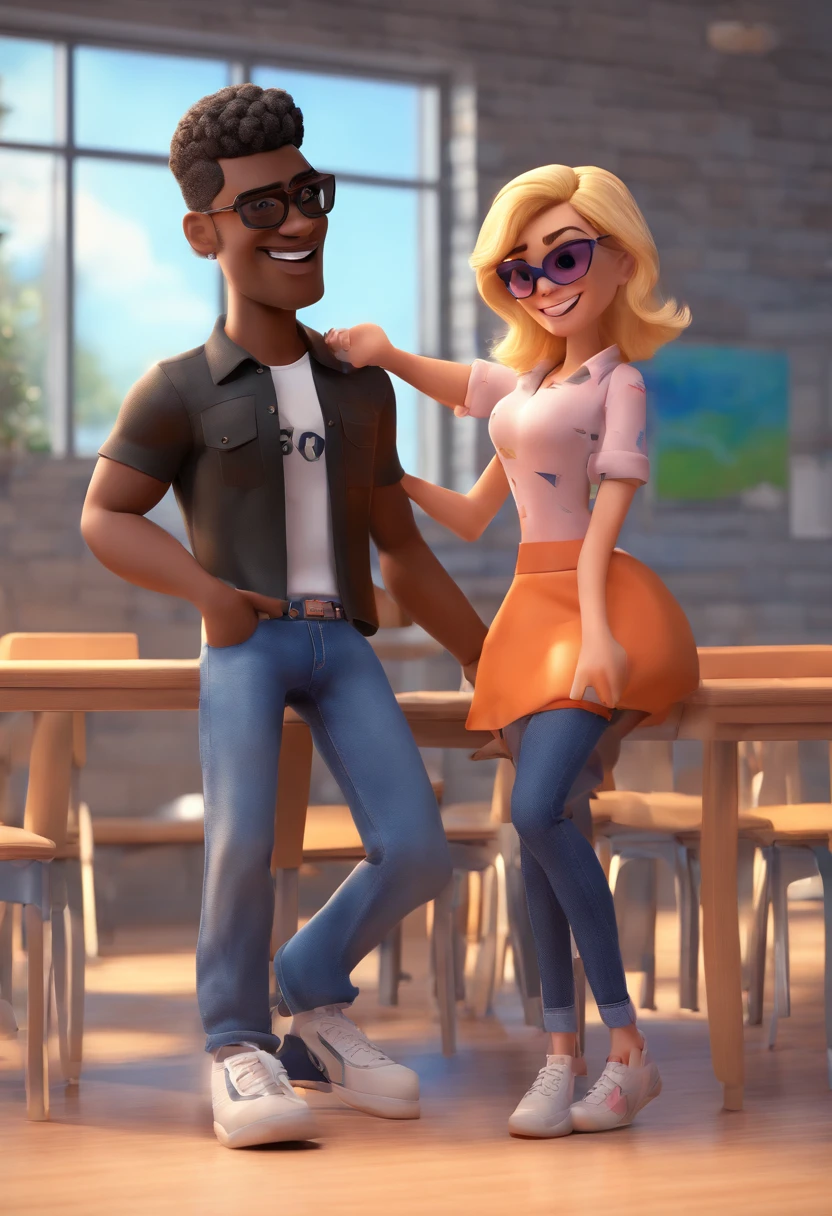 estilo Pixar 3D: Adult Man Teery Crews Black Skin in Top Tank Top Hugging Medium Hair Blonde Woman Wearing Sunglasses, Jeans e camisa preta em uma sala de aula