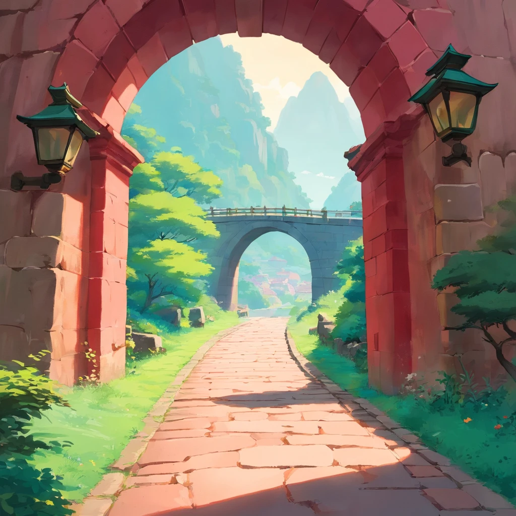 The red stone arch bridge that's about to enter,Em uma rodovia vazia,The background is simple,There are no other objects,perspectiva positiva,Shoot from a very long distance with animated bikes